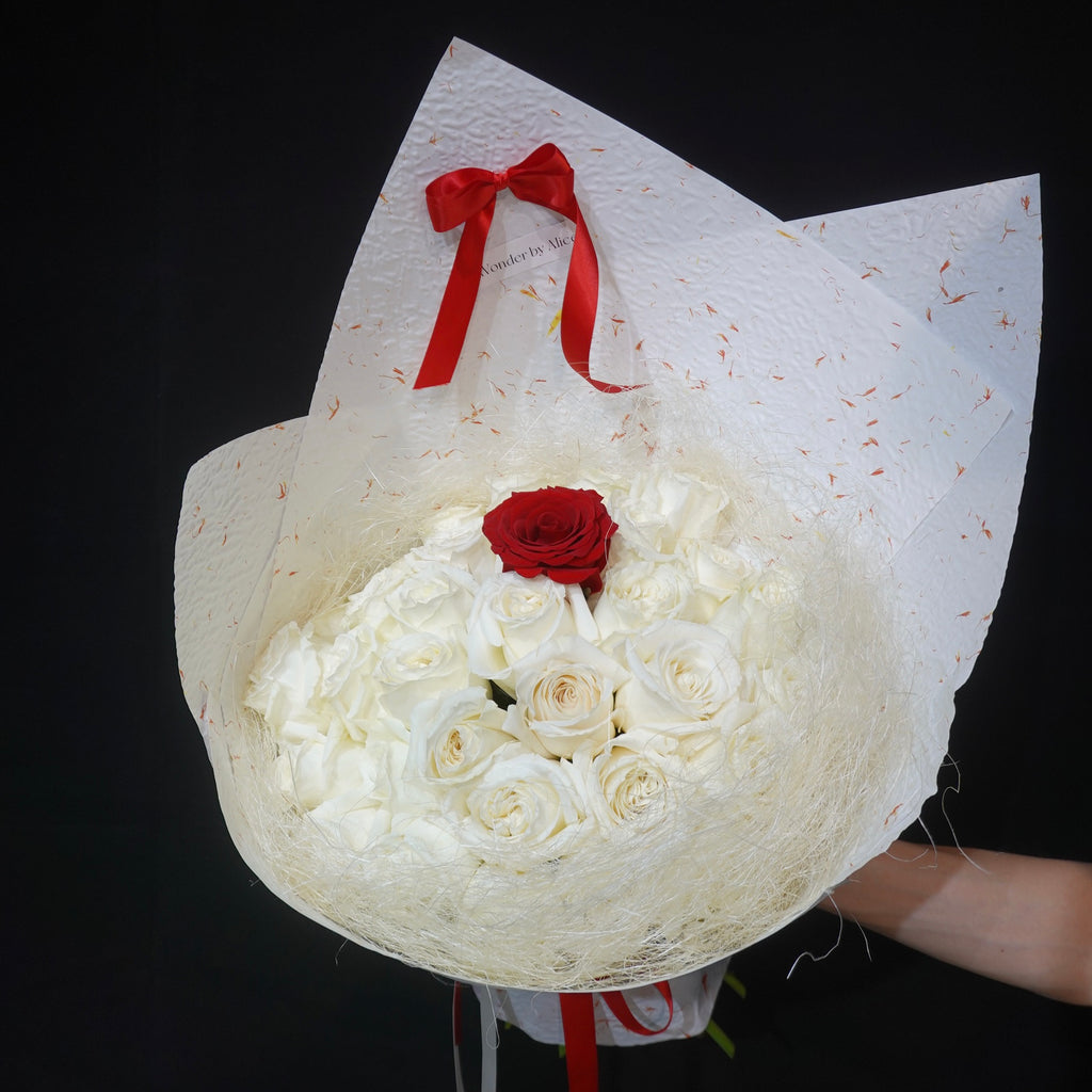 White Rose Bouquet with One Red Rose