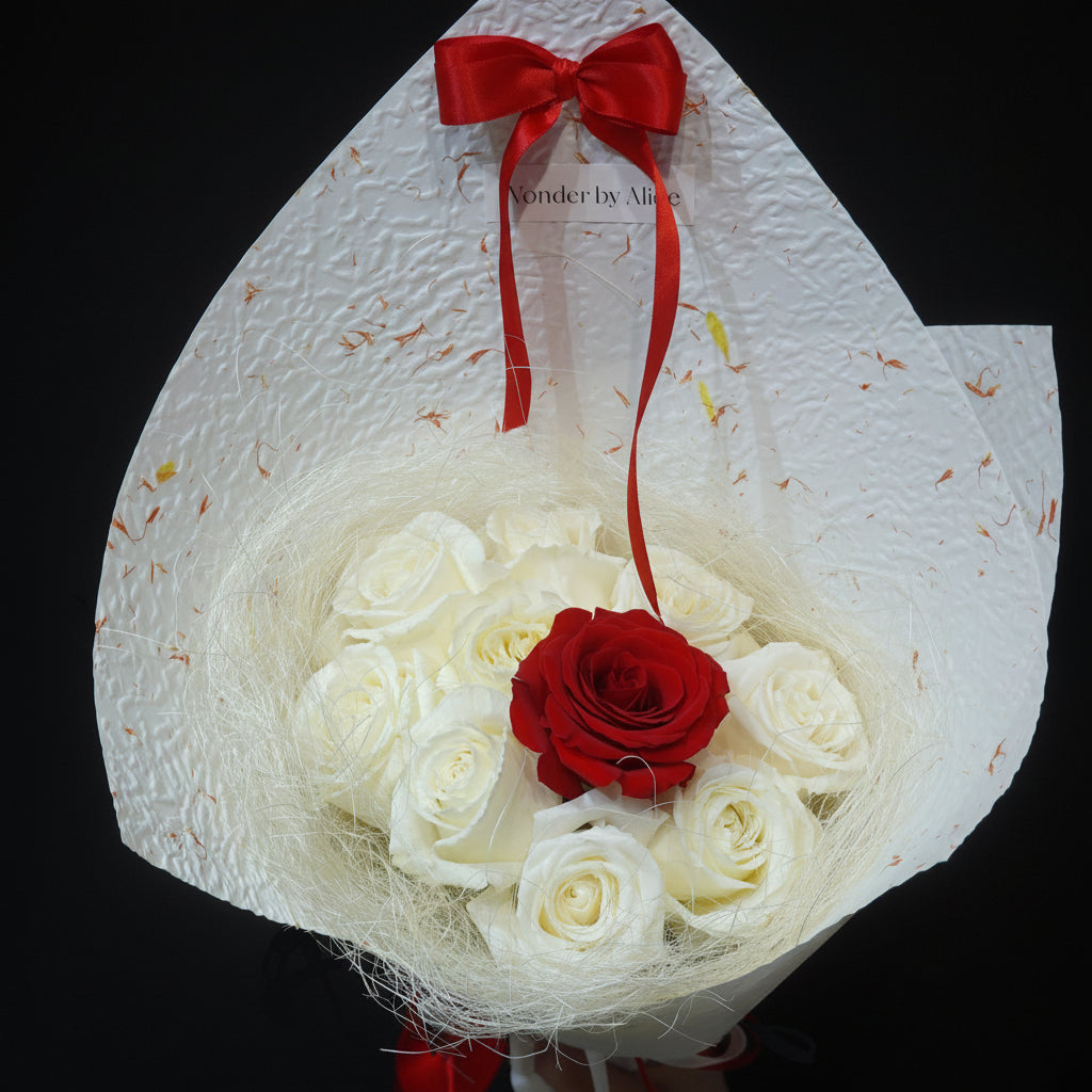 White Rose Bouquet with One Red Rose